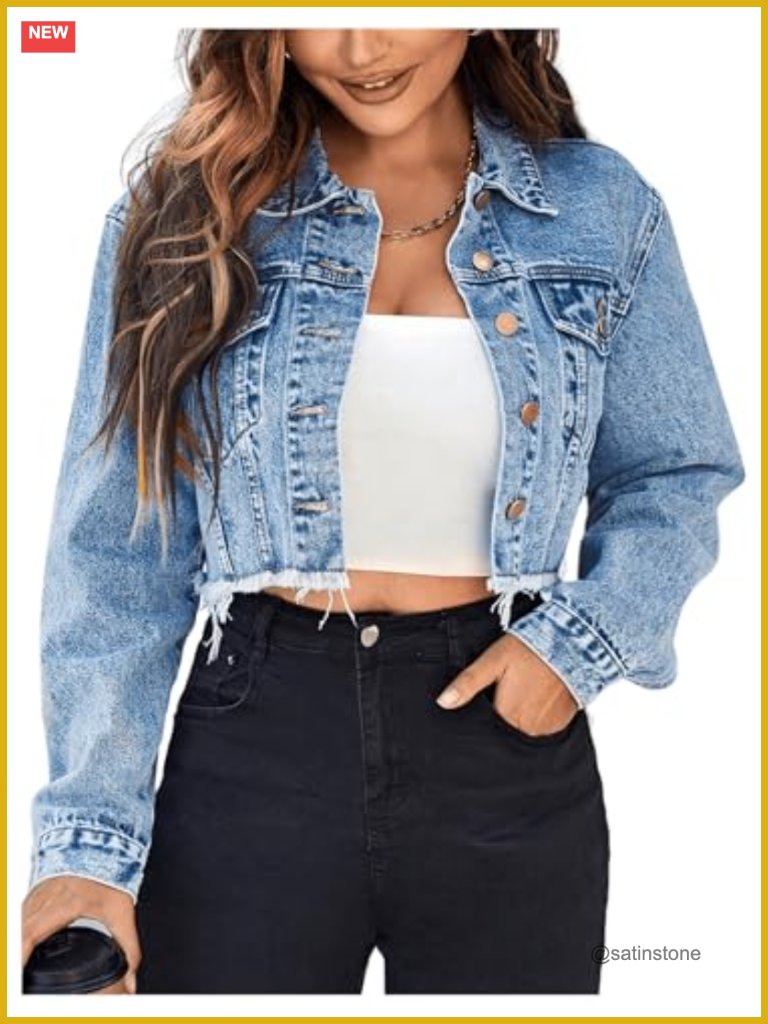 Raw Hem Cropped Denim Jean Jacket With Button Front & Flap Pockets